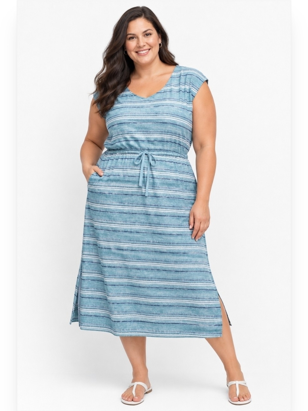 NWOT T By Talbots Blue Stripe Drawstring Midi Dress Size 2X
